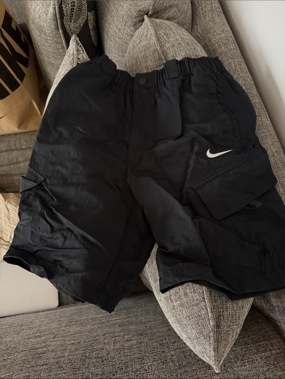 Nike Black Cargo Shorts with White Swoosh Accent